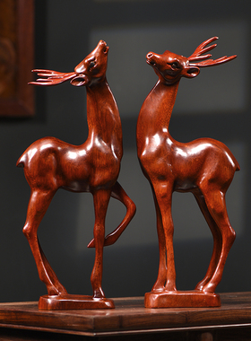 木雕梅花鹿摆件实木质雕刻动物办公客厅玄关酒柜装饰开业工艺礼品