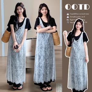 实拍现2026夏季新品蕾丝拼接假两件设计感长款连衣裙