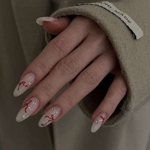 新款氛围感蝴蝶结美甲贴片ins风中长款新年纯手工美甲穿戴