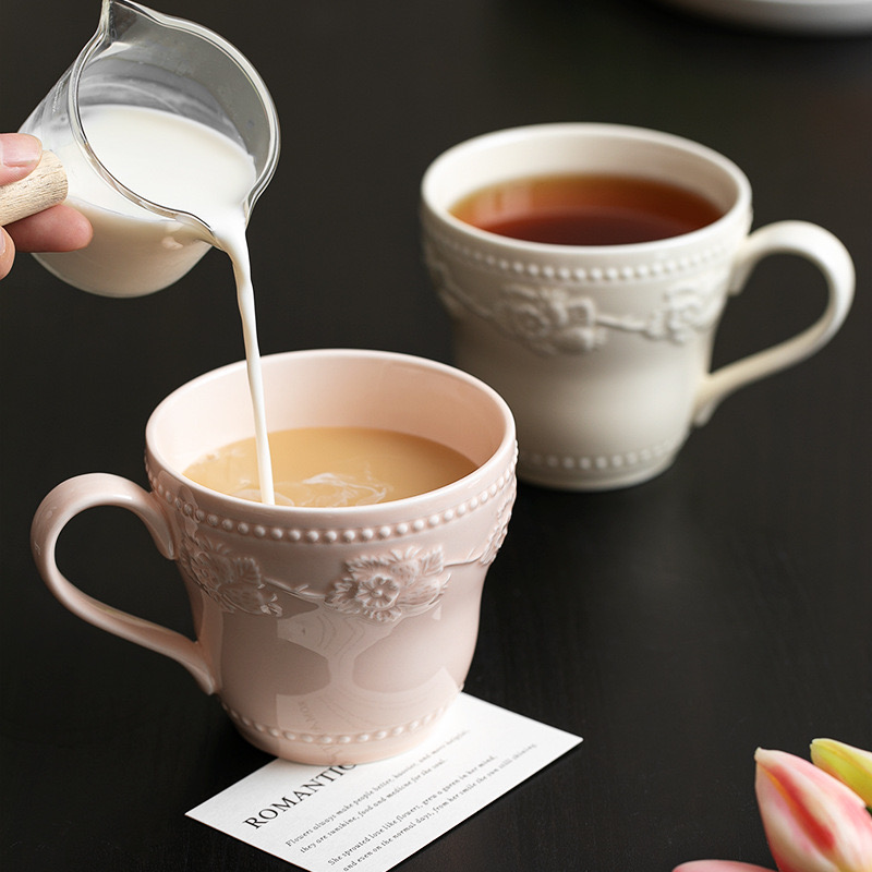 【浮雕陶瓷咖啡杯】380ml水杯马克杯宫廷风ins牛奶杯早餐杯杯子