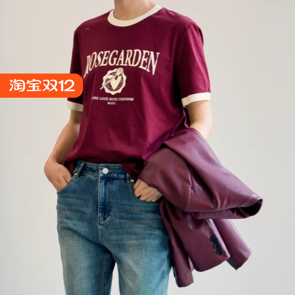 休闲酒红色韩版正肩短袖T恤
