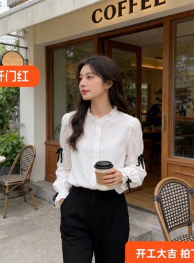 町家蝴蝶结雪纺衬衫秋季新款复古优雅法式白色上衣顺滑C2CAC4104