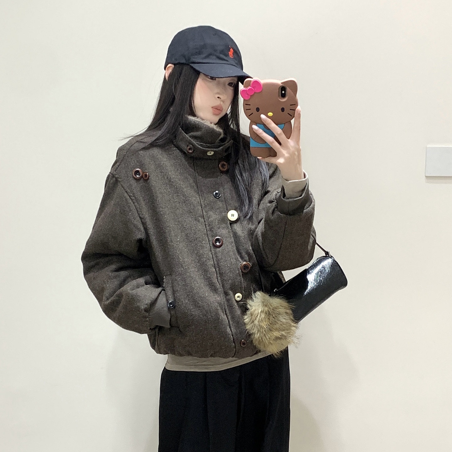 复古风毛绒翻领工装夹克棉服女短款设计感纽扣外套冬季厚款外套