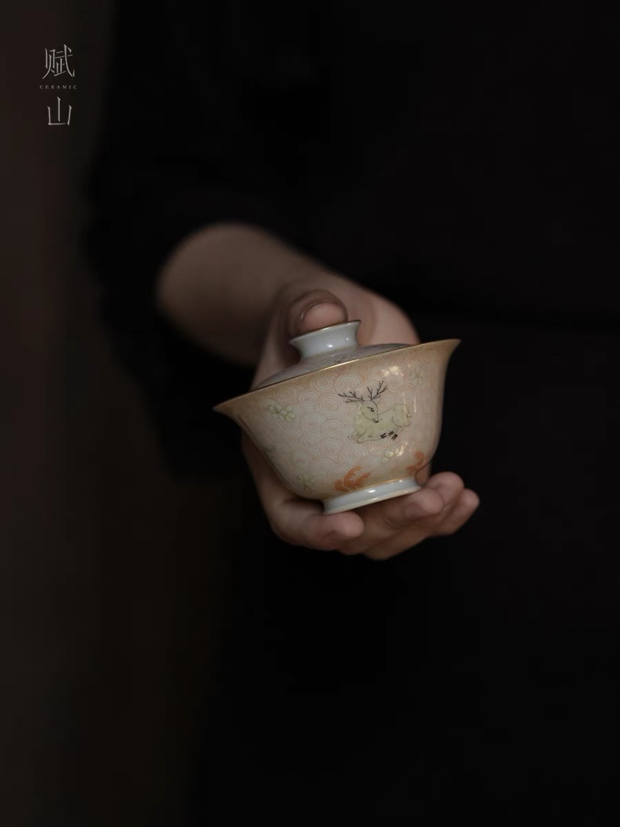 矾红盖碗赋山堂茶杯手绘盖置