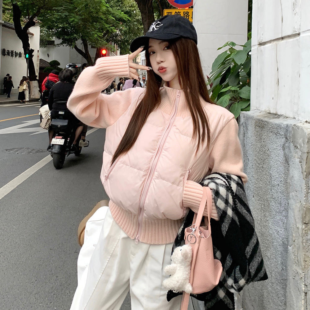 韩系甜美粉色针织拼接立领短款棉服冬季新款小个子设计感修身外套,女装/女士精品,棉衣/棉服,淘宝优惠券,粉丝福利购,淘宝优惠卷