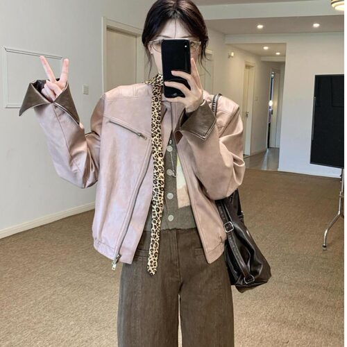 粉色立领皮衣外套女秋季小个子