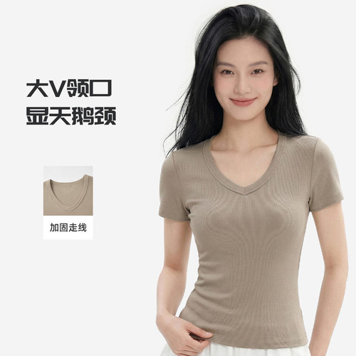 SIMPLE ·V领T恤短袖女夏季新款修身显瘦短上衣半袖打底衫买1送1