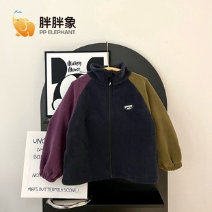 胖胖象拼色奥粒绒外套儿童双面童装新款男女加绒加厚开衫棉衣