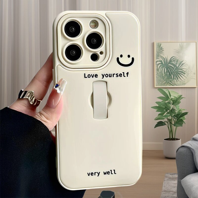 超薄隐形手机指环支架亲肤iPhone适用于17/16笑脸love英文精孔软边硬背15promax苹果14/13手机壳黑白12pm