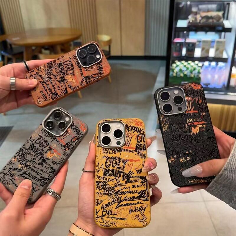 网红涂鸦个性大孔新款美式iPhone17pro适用于肤感皮纹相框17/16pm苹果欧美创意15手机壳14/13max保护套