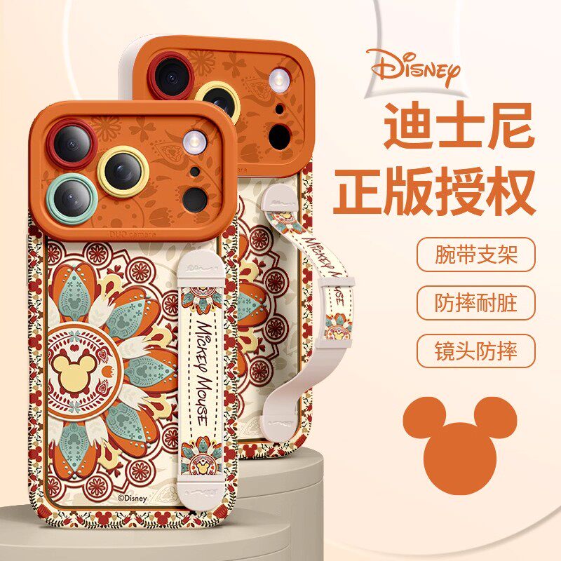 适用于iPhone17promax敦煌风新款苹果17Air高级硅胶16pro米奇图腾带腕带支架15plus镜头全包14/13防摔手机壳