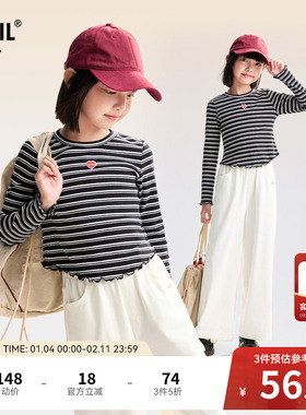 【短款条纹T】安奈儿童装女童圆领长袖T恤025秋季新款休闲打底衫