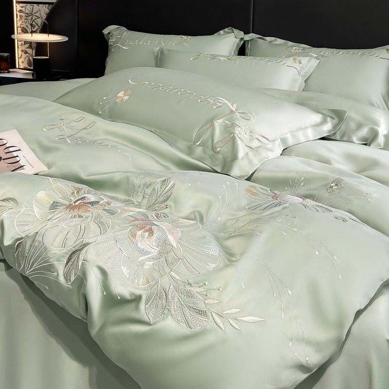 夏季水洗天丝四件套轻奢简约刺绣双面冰丝床单丝滑裸睡被套床品