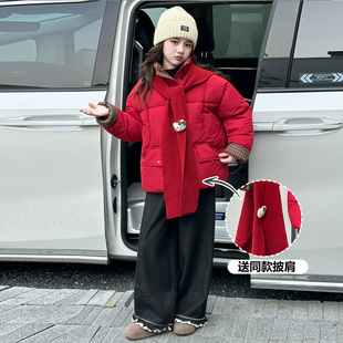 女童冬装棉服2025新款冬季加厚羽绒棉衣中大童红色年服保暖拜年服