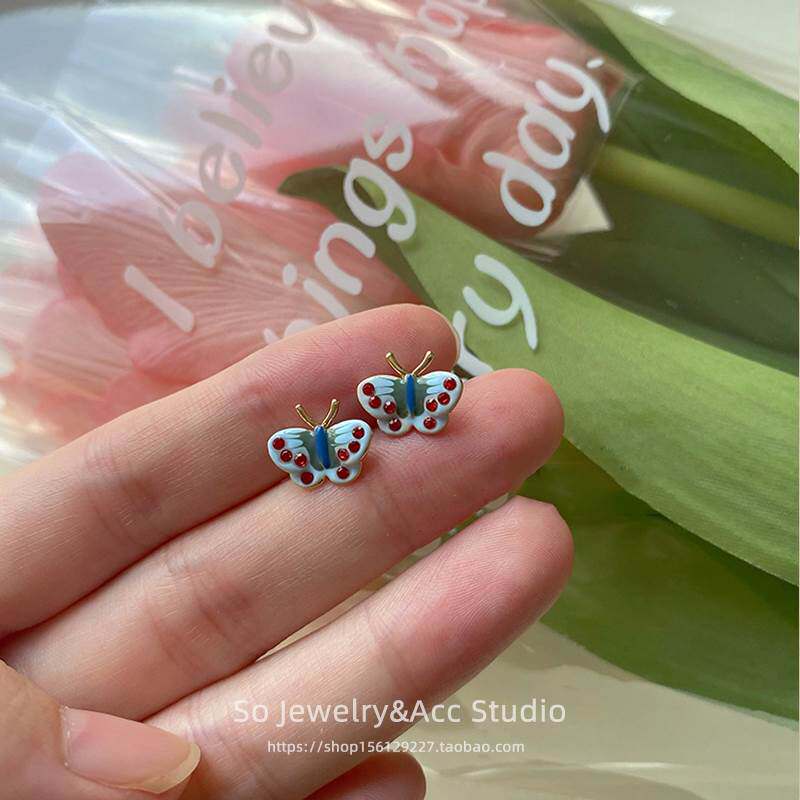 阿飞的小蝴蝶~复古珐琅彩釉精致迷你小巧耳钉气质纯银耳饰耳夹女