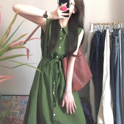 复古文艺范绿色衬衫无袖连衣裙女简约休闲夏季松弛氛围感长裙子女