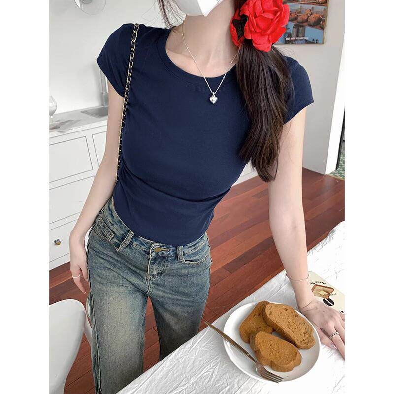 2026夏新款圆领正肩短袖T恤女收腰修身显瘦褶皱小个子辣妹短上衣