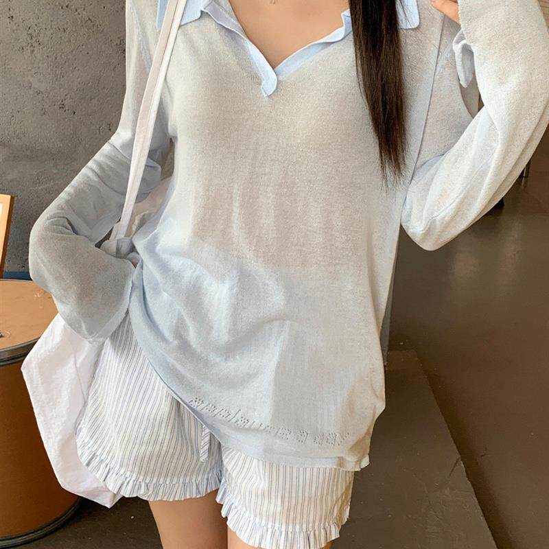 白色翻领微透薄款针织长袖t恤女2026年夏季新款防晒罩衫上衣宽松