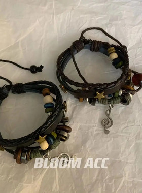 非金属皮质手链 多层民族风手链串珠音符手工编织手链百搭复古