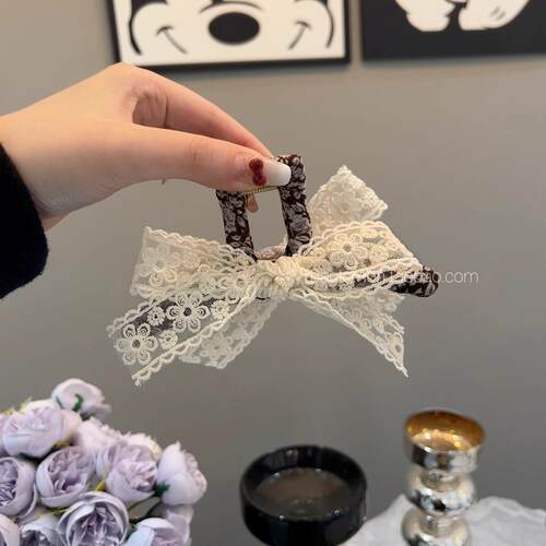 法式复古风碎花蕾丝蝴蝶结抓夹鲨鱼夹少女甜美发夹温柔风头饰