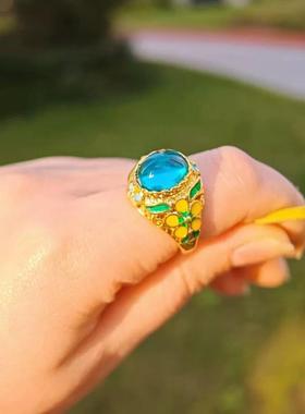 合金戒指 高颜值宫廷风金色珐琅蝶恋花戒指复古指环时尚中古