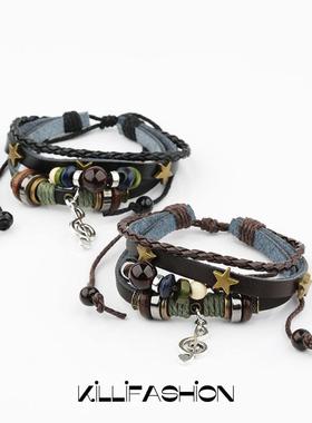 非金属皮质手链 复古民族风音符多层手链个性情侣手链时尚潮流