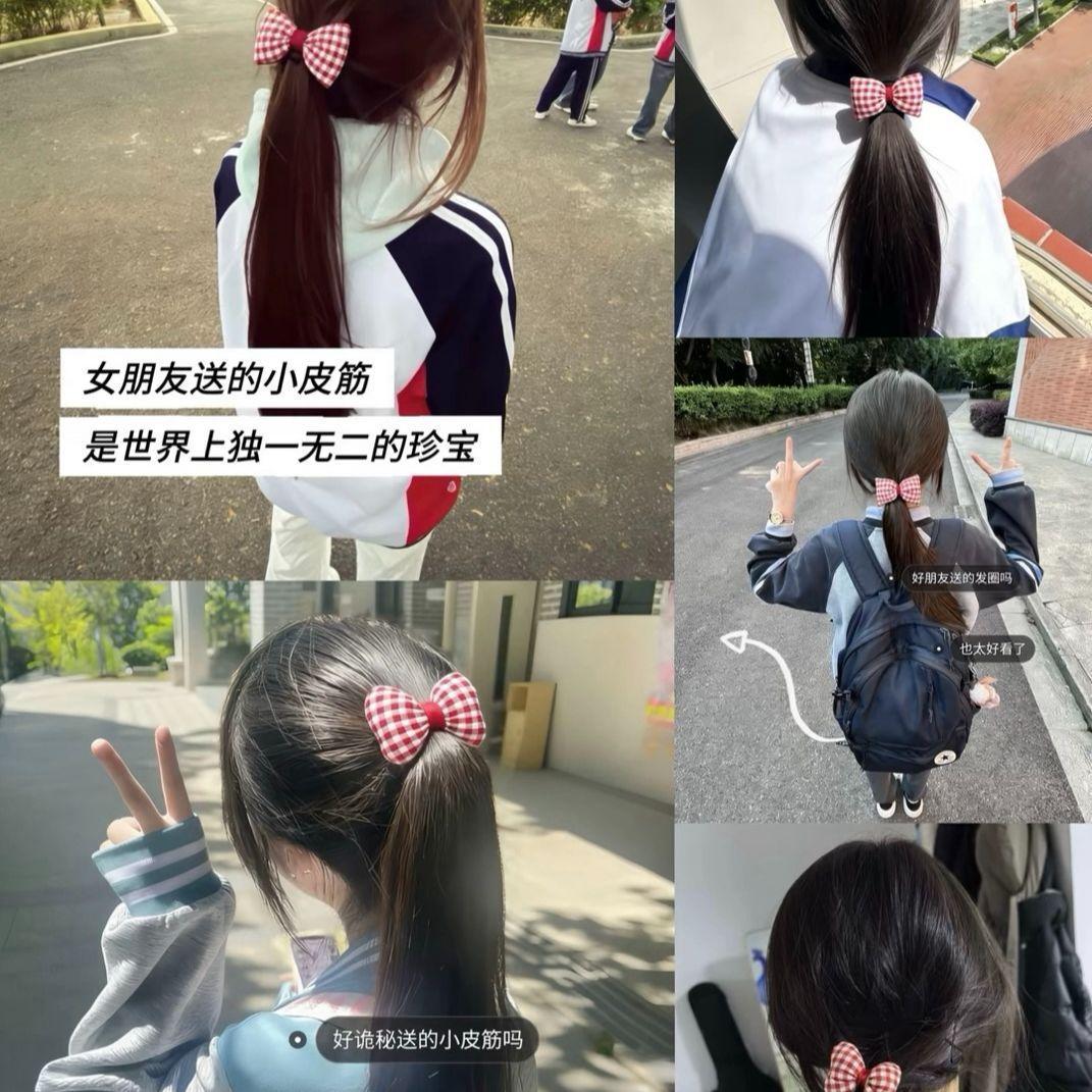 红色格子头绳蝴蝶结韩版可爱发绳甜美柔美手工耐用高弹力简约