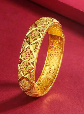 合金手镯 气质精美古法按扣镂空四叶草花纹极简手工慵懒手镯百搭