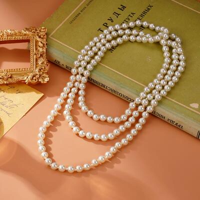 非金属亚克力项链 经典气质珠珠项链长款叠戴多层时尚百搭优雅