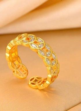 合金戒指 招财金色铜钱戒指小众首饰复古开口戒时尚轻奢饰品气质