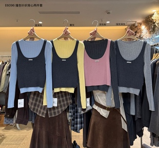 灰粉修身 6096常规袖 针织衫 毛针织衫 条纹两件套 女公主风针织秋季