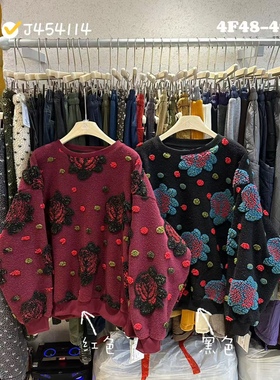 454114加厚we韩系加绒宽松圆领立体花朵长袖卫衣女秋冬慵懒风百搭