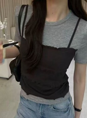 90311洋洋夏季新款韩系时尚拼接波浪边假两件正肩短袖T恤女大版