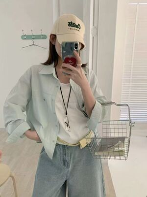 5579春季ys 新款宽松韩版慵懒休闲风翻领长袖衬衫女配挂坠三件套