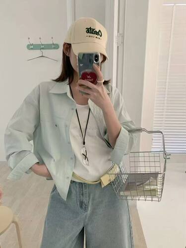 5579春季ys 新款宽松韩版慵懒休闲风翻领长袖衬衫女配挂坠三件套