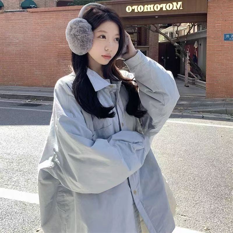 5033简约加厚翻领夹棉宽松慵懒风秋冬休闲衬衫款轻薄棉服外套女