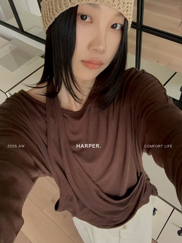 7086糖果家褶皱短款休闲风抗皱长袖T恤韩版印花纯色休闲假两件