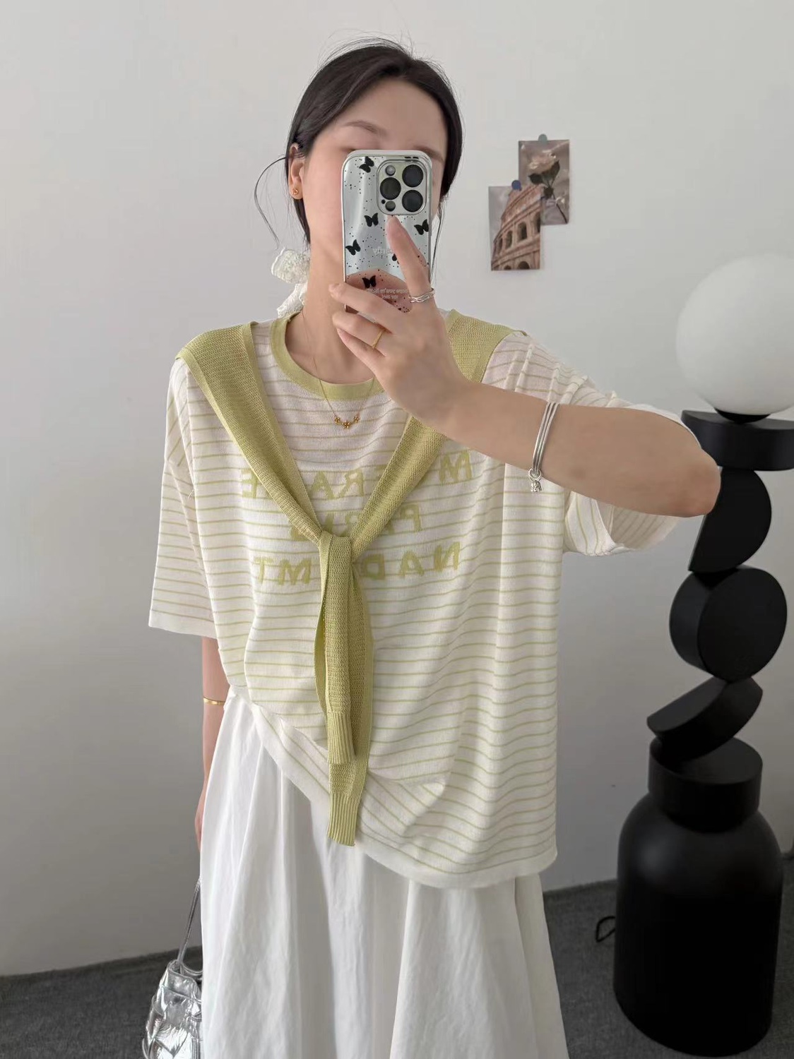 80257夏季显瘦假两件设计感小众宽松时尚休闲条纹薄款减龄针织衫