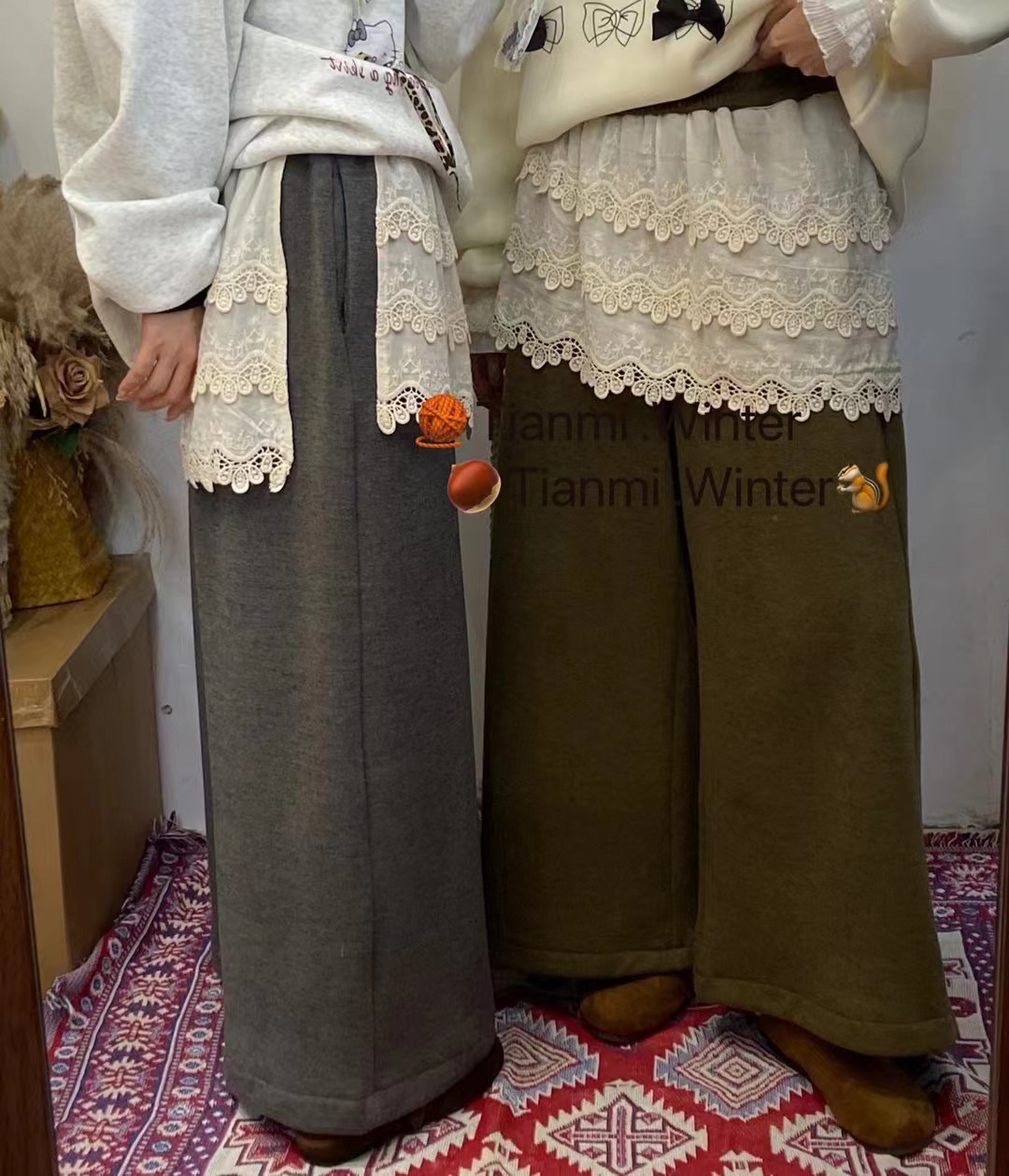 39029甜米家冬季宽松加厚舒适重工蕾丝时尚阔腿加绒高腰休闲裤