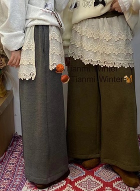 39029甜米家冬季宽松加厚舒适重工蕾丝时尚阔腿加绒高腰休闲裤