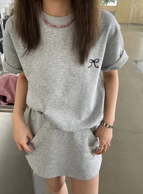 28733洋气减龄潮流韩版圆领显瘦简约宽松休闲上衣短裤蝴蝶结套装