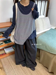 20736沐皙百搭深蓝色U领条纹吊带背心外穿内搭显瘦韩系风格两件套