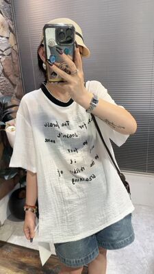 6750欢喜新款夏季韩系时尚宽松百搭字母印花中长款短袖T恤