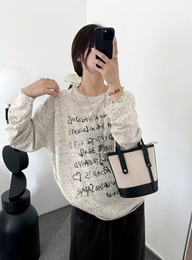 80971抗起球长袖宽松型轻职风排汗T恤圆领常规款日常印花加厚