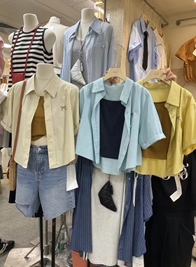 28892宽松不规则夏季韩版休闲背心时尚短款短袖衬衫上衣两件套