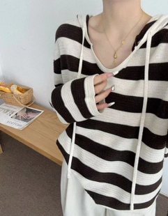 套头韩版 80909带帽抽绳V领镂空条纹针织秋季 时尚 长袖 女毛针织衫