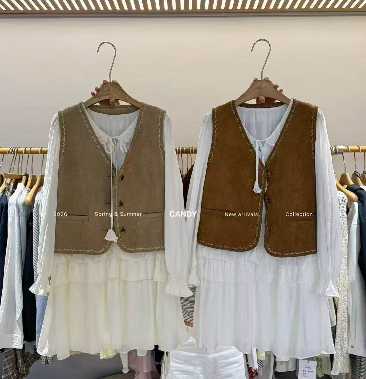 8079糖果新品鹿皮绒显瘦百搭宽松韩版气质法式马甲减龄