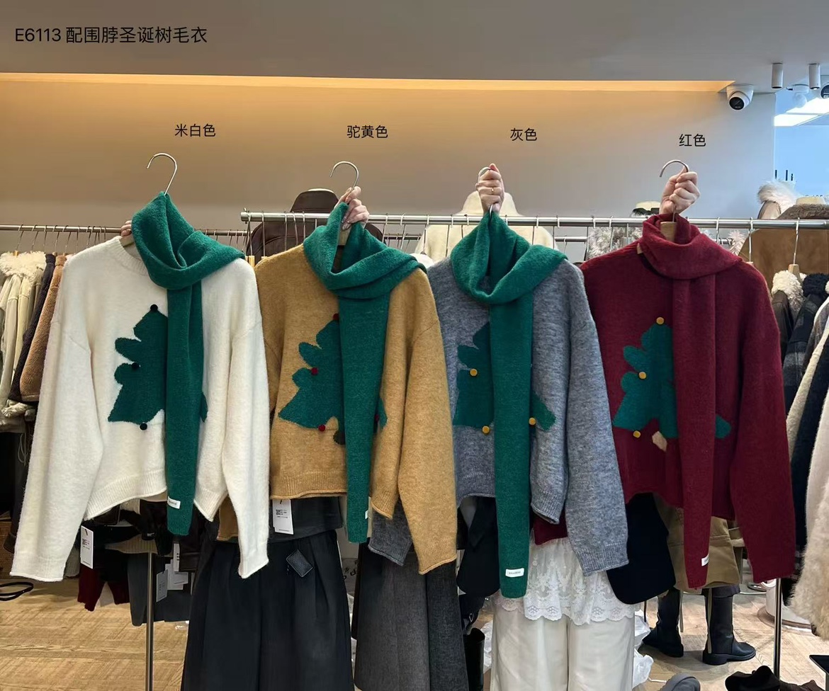 6113糖果加厚圣诞树韩版宽松百搭撞色减龄冬日秋冬套头配围巾毛衣