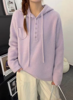 81507加厚新款连帽宽松慵懒风针织毛衣秋冬百搭上衣韩国绒帽衫