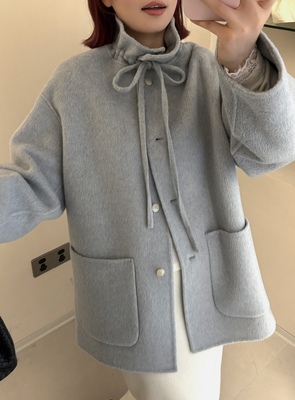 8820沁年秋冬韩系宽松立领系带中长羊驼毛双面呢大衣双面羊绒外套